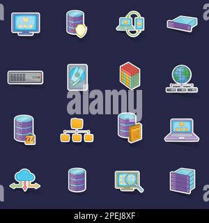 Datenbanksymbole legen den Stiker-Erfassungsvektor mit Schatten auf violettem Hintergrund fest Stock Vektor