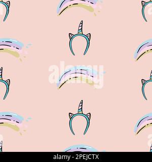 Einhorn-, Regenbogen- und Zauberstab in Pastelltönen, nahtlose Muster. Stock Vektor