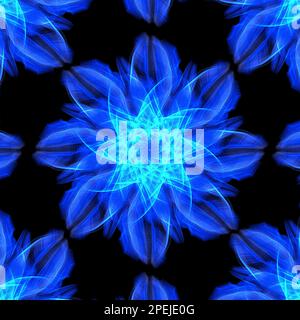 Modernes futuristisches, leuchtendes neonblaues Blumenmuster auf schwarzem Hintergrund mit türkisfarbenem Stern in der Mitte Stockfoto