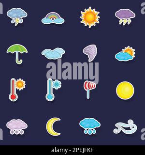 Wettersymbole setzen den Stikers-Sammlungsvektor mit Schatten auf lila Hintergrund Stock Vektor