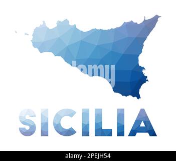 Niedrige Poly-Karte von Sizilien. Geometrische Darstellung der Insel. Polygonale Karte Siziliens. Technologie, Internet, Netzwerkkonzept. Vektorabbildung. Stock Vektor