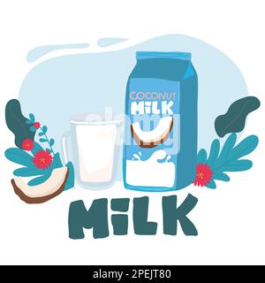 Karikaturvektor für Kokosmilchflaschen. Gemüsemilch. Vegetarisches Getränk. Stock Vektor
