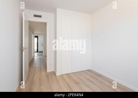 Leerer weißer Raum ohne Möbel, mit eingebautem Kleiderschrank mit Laminatboden, Belüftung und Zugang zum Korridor. Das Konzept eines Studios Stockfoto