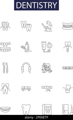 Zahnheilkunde-Linienvektorsymbole und -Zeichen. Zahn, Zahn, Hygiene, Verfall, Füllungen, Kronen, Brücken, Wurzelkanäle, Konturen des Vektorbildungs-Sets Stock Vektor