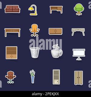Die Ikonen der Büromöbel setzen einen Stikers-Kollektion-Vektor mit Schatten auf lila Hintergrund Stock Vektor