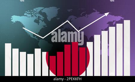 Balkendiagramm Japan mit Höhen und Tiefen, steigenden Werten, Konzept der wirtschaftlichen Erholung und Geschäftsverbesserung, Wiedereröffnung von Unternehmen, politischen Konflikten Stockfoto