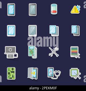Defekte Telefone reparieren Symbole Stiker-Sammlungsvektor mit Schatten auf lila Hintergrund setzen Stock Vektor