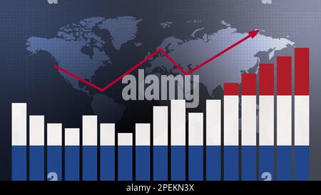 Balkendiagramm Niederlande mit Höhen und Tiefen, steigenden Werten, Konzept der wirtschaftlichen Erholung und Geschäftsverbesserung, Wiedereröffnung von Unternehmen, Politik CO Stockfoto