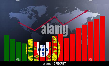 Balkendiagramm für Portugal mit Höhen und Tiefen, steigenden Werten, Konzept der wirtschaftlichen Erholung und Geschäftsverbesserung, Wiedereröffnung von Unternehmen, politische Konfrontation Stockfoto