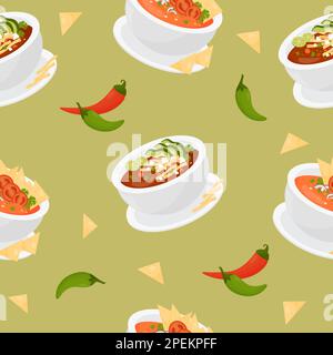 Nahtloses Muster mit traditioneller mexikanischer Tomatensuppe mit Tortilla-Chips auf grünem Hintergrund und Chili-Paprika. Vektordarstellung. Endlos Stock Vektor
