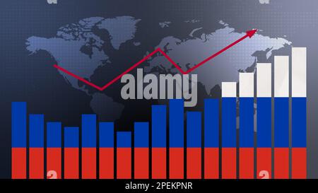 Balkendiagramm Russland mit Höhen und Tiefen, steigenden Werten, Konzept der wirtschaftlichen Erholung und Geschäftsverbesserung, Wiedereröffnung von Unternehmen, Politik konfus Stockfoto