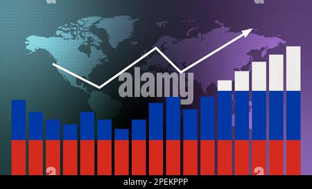 Balkendiagramm Russland mit Höhen und Tiefen, steigenden Werten, Konzept der wirtschaftlichen Erholung und Geschäftsverbesserung, Wiedereröffnung von Unternehmen, Politik konfus Stockfoto