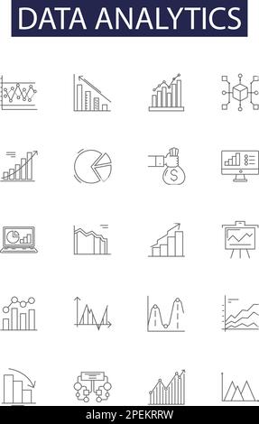 Linienvektorsymbole und -Zeichen für Datenanalysen. Analysen, Computing, Data-Mining, Maschinen, Lernen, Umrissvektor für Business, Intelligence, Visualisierung Stock Vektor