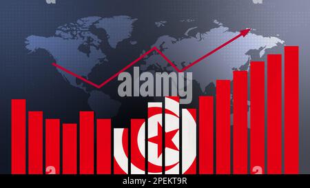 Tunesien Balkendiagramm mit Höhen und Tiefen, steigenden Werten, Konzept der wirtschaftlichen Erholung und der Geschäftsentwicklung, Wiedereröffnung von Unternehmen, politische Konfekt Stockfoto