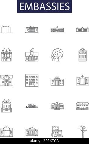 Botschaften: Linienvektorsymbole und -Zeichen. Diplomaten, Konsulate, Botschafter, Legationen, Missionen, Verbindungsleute, Gesandte, Büros umreißen die Vektordarstellung Stock Vektor