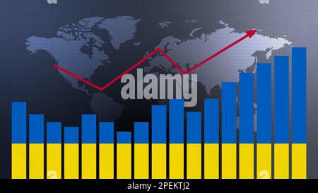 Balkendiagramm für die Ukraine mit Höhen und Tiefen, steigenden Werten, Konzept der wirtschaftlichen Erholung und Geschäftsverbesserung, Wiedereröffnung von Unternehmen, politische Konfekt Stockfoto