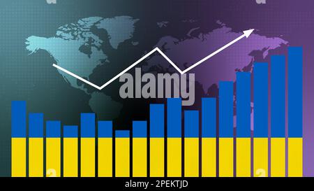 Balkendiagramm für die Ukraine mit Höhen und Tiefen, steigenden Werten, Konzept der wirtschaftlichen Erholung und Geschäftsverbesserung, Wiedereröffnung von Unternehmen, politische Konfekt Stockfoto