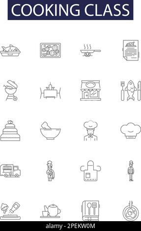 Symbole und Schilder für den Kochkurs. Essen, Küche, Menschen, Klasse, Frau, Kulinarisch, Schule, Essen Kontur Vektorbildungs-Set Stock Vektor