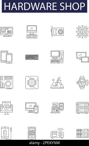 Vektorsymbole und -Schilder für Hardware-Fertigungslinien. Werkstatt, Verbrauchsmaterialien, Werkzeuge, Gebäude, Muttern, Schrauben, Unterlegscheiben, Schrauben, Vektordarstellungen Stock Vektor