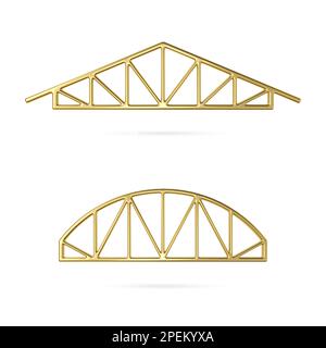 Goldenes Metallsymbol. Dachkonstruktionen für Metallträger. Satz Dachstahlrahmen. 3D-Architekturplan. 3D Sparrensymbol. Abbildung für e Stockfoto