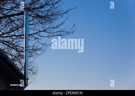 Dünner Chromschornstein auf dem Dach am blauen Himmel und Holz im Winter. Horizontal. Foto in hoher Qualität Stockfoto