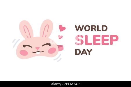 Banner für den Weltschlaftag, Postkarte mit Kinderschlafmaske und Text. Vektordarstellung für internationale Feiertage. Cartoon-Style, flaches Design Stock Vektor