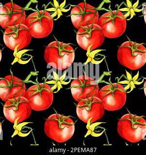 Aquarelle Tomaten, nahtloses Muster, Blumen, Brunches, handgezeichnete Illustration, Rote Gemüseskizze auf schwarzem Hintergrund Stockfoto