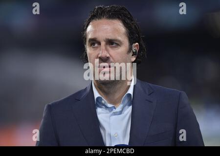 Neapel, Italien. 15. März 2023. Luca Toni Fernsehkommentator während des Spiels der UEFA Champions League zwischen SSC Napoli und Eintracht Frankfurt bei Diego Armando Maradona Credit: Independent Photo Agency/Alamy Live News Stockfoto