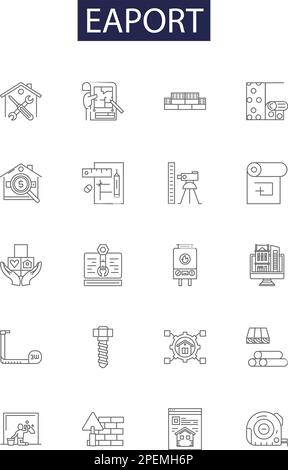 Eaport-Linienvektorsymbole und -Zeichen. Abflüge, Ankunft, Terminals, Sicherheit, Flug, Übersichtsset für Gepäck, Zoll, Einreisekontrolle Stock Vektor