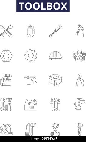 Symbole und Zeichen für Toolbox-Linienvektoren. Truhe, Kit, Kasten, Garage, Werkbank, Schraubenschlüssel, Steckschlüssel, Schraubendreher, Umriss-Vektorbildungs-Set Stock Vektor