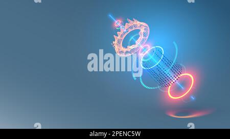 Zeichnen eines 3D-Modells mit abstrakten Details in der CAD-Systemschnittstelle. Konstruktion, Konstruktion von Teilen in digitaler Computersoftware. Abstraktion Industrietechnik BA Stock Vektor