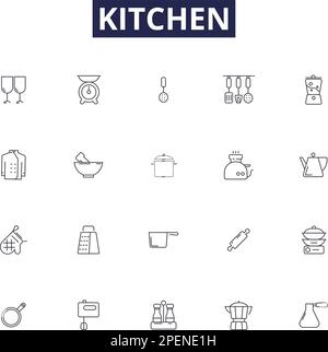 Vektorsymbole und -Schilder für Küchenlinien. Gerät, Utensil, Theke, Herd, Mikrowelle, Kühlschrank, Ofen, Spüle Umriss-Vektorbildungs-Set Stock Vektor
