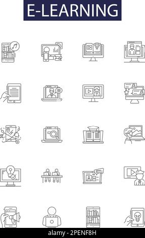 E Symbole und Zeichen für Lernlinien. internet, Computer, online, Laptop, Schule, Technik, Schüler, E-Learning-Übersicht Vektorbildungs-Set Stock Vektor
