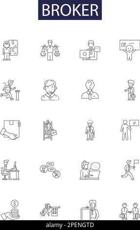 Vektorsymbole und -Zeichen für Broker-Linien. Händler, Händler, Vermittler, Vertreter, Verwalter, Arbitrageur, Brokerage, Exchange Outline Vector Illustration Set Stock Vektor