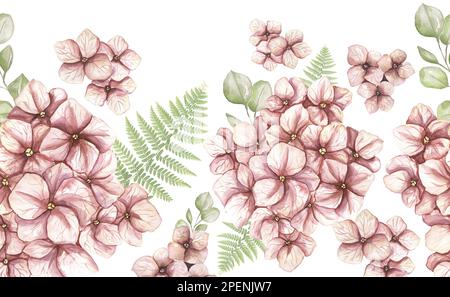 Aquarell rosa Hortensienblüten und nahtloser Farnrand. Gartenblumen wiederholen Muster Stockfoto