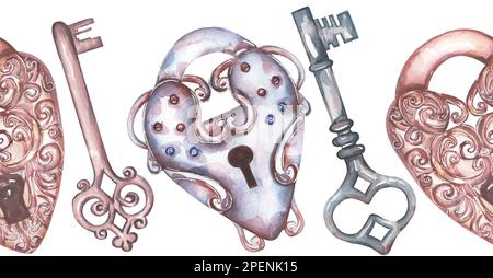 Wasserfarbener nahtloser Rahmen im Retro-Stil mit Schlüsseln und Vorhängeschlössern. Vintage-Muster für Schlüssel und Schloss Stockfoto