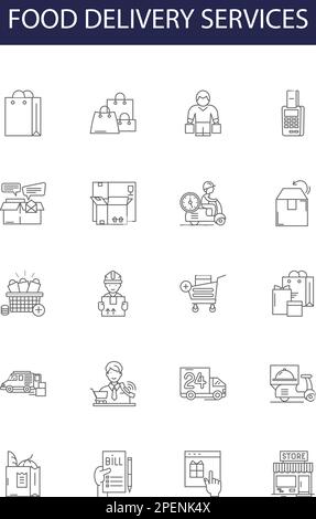 Vektorsymbole und -Schilder für Lebensmittellieferungen. Lieferung, Dienstleistungen, Restaurants, Essen Zum Mitnehmen, Lieferungen, Bestellungen, Online, Mahlzeiten Konturvektor Stock Vektor