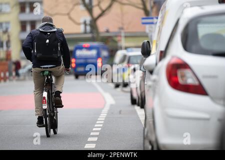 PRODUKTION - 14. März 2023, Hessen, Frankfurt/Main: Ein Radfahrer fährt an einem Schutzstreifen für offene Türen an Autos auf einem Fahrradweg vorbei. Die Schutzspur soll verhindern, dass Radfahrer durch achtlos geöffnete Türen verletzt werden. (Zu dpa: Forderung nach mehr Sicherheit für Radfahrer vor der Gefahr des "Türens") Foto: Sebastian Gollnow/dpa Stockfoto