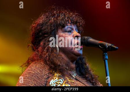 Martha Reeves und die Vandellas treten auf der Hauptbühne auf, beim Together People 2015 Festival, Preston Park, London Road, Brighton, East Sussex, UK. 6. September 2015 Stockfoto