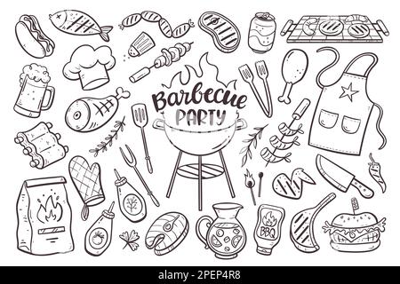 Hintergrund für Barbecue-Partys mit Fleisch, Burgern, Würstchen und Barbecue-Utensilien. Sammlung von 35 bbq-Doodle-Elementen isoliert auf weiß. Handgezeichnetes vecto Stockfoto