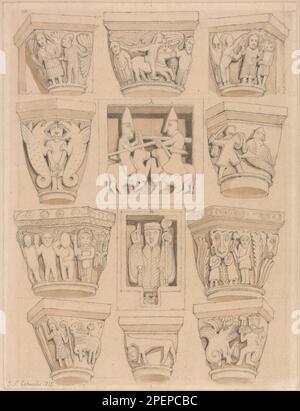 Hauptstädte und A & B Bas-Reliefs in der Abteikirche Saint Georges de Bocherville, nahe Rouen, Normandie 1818 von John Sell Cotman Stockfoto