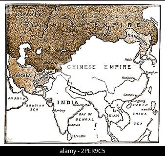 Eine 1892-Karte, die den Vormarsch russischer Streitkräfte auf Indien zeigt. (Im 19. Jahrhundert wollte Russland Indien der britischen Kontrolle entziehen?, eine Pfanne, die erst nach der Ermordung des russischen Kaisers Paul I. besiegt wurde – Карта 1892 года, показывающая продвижение русских войск на Индию. (в 19-м веке Россия хотела отвести Индию из-под британского контроля?, пан побежден только по1892 ----का एक नक्शा जो भारत पर रूसी सेना की प्रगति को दर्शाता है। उल आई -сле убийства российского -- императора Павла I..------ 1892 کا ایک نقشہ جس میں ہندوستان پر روسی افواج کی پیش قدمی کو دکھایا گیا ہے۔ میں -- Stockfoto