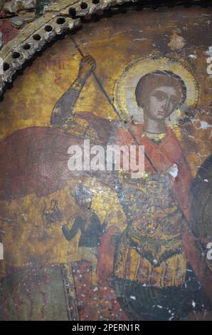 Griechenland, Thessalien, Larisa, das Dorf Elassona Praitori Kirche St. Nikolaus, religiöse Gemälde und hölzerne Skulpturen Stockfoto