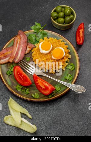 Zwei Scheiben Tomaten, Waffeln, gebratener Speck und zwei Eier, eine Gabel auf einem Teller. Oliven und Paprika auf dem Tisch. Stockfoto