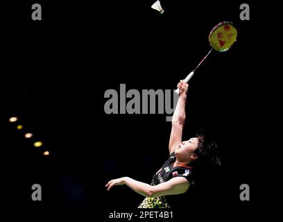 Japans Akane Yamaguchi in Aktion gegen die deutsche Yvonne Li (nicht abgebildet) am dritten Tag der YONEX All England Open Badminton Championships in der utilita Arena Birmingham. Foto: Donnerstag, 16. März 2023. Stockfoto