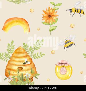 Bienenzucht. Aquarell Biene Nahtloses Blumenmuster mit Bienenstock und Glas Honig. Die Abbildung wird von Hand gezeichnet. Stockfoto