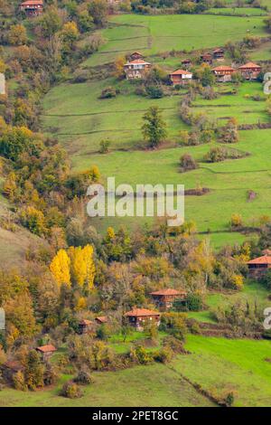 Kastamonu Provinz, Pınarbaşı Viertel, alte Häuser und Blick auf das Dorf Stockfoto