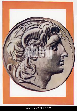 Eine Illustration des Silbernen Tetradrachms von Lysimachus, 305BC-281BC. Die Münze zeigt den Kopf von Alexander III. Von Mazedonien (336-323 v. Chr.). Alexander III. Von Macedon, gemeinhin bekannt als Alexander der große, war ein König des antiken griechischen Königreichs von Macedon. Stockfoto