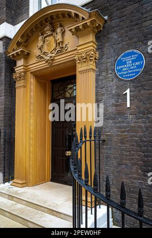 Sir Edward Grey Blue Plaque Queen Anne's Gate, Westminster, London - Viscount Grey von Falloden SIR EDWARD Grey 1862-1933 Außenminister lebte hier Stockfoto