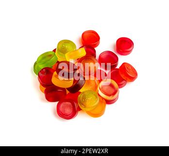 Rund Gummy Candy Pile isoliert, kauende bunte Marmelade Pillen, Gelee Gumdrop Heap, Gelatine Candies auf weißem Hintergrund Draufsicht Stockfoto